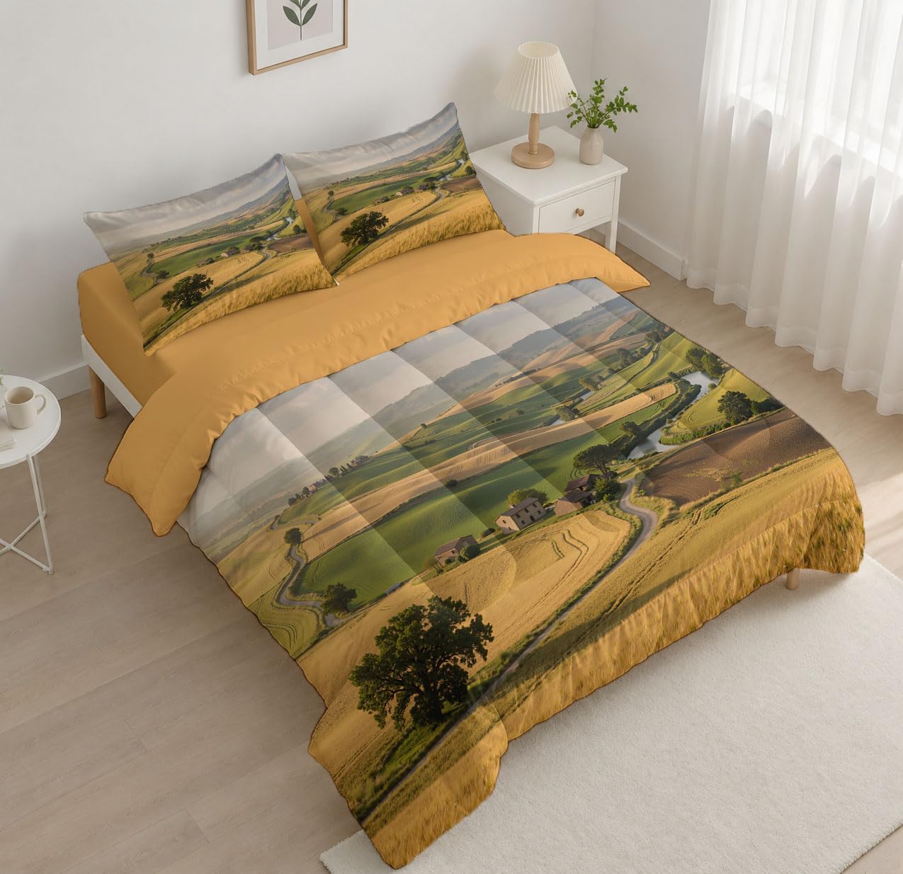 3 Piece Quilts Queen Size Bedding Set, Golden Yellow Lightweight Bedspread, Soft Microfiber, Wheat Field Pattern for All Season Bed Coverlet with 2 Pillow Shams, 90"X90"