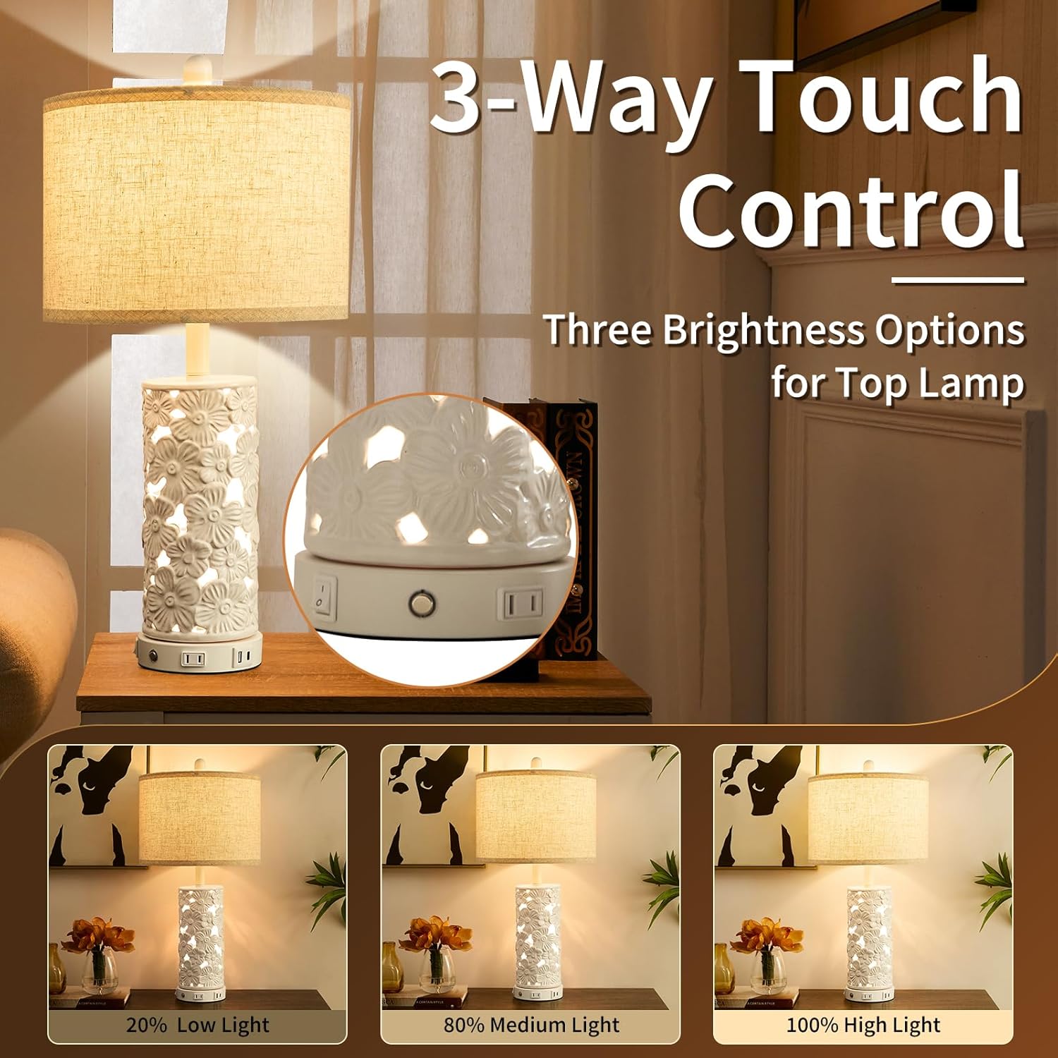 25.5" Modern Ceramic Table Lamp Set of 2 - Bedroom Nightstand Lamp for Living Room, White Bedside Lamp Farmhouse Night Stand Light Lamp for Study Room Office (Ceramic-2 Pack)