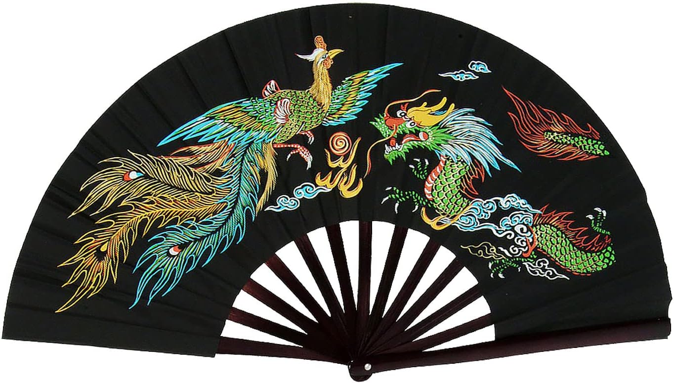 Bamboo Kung Fu Fighting Fan Dragon And Phoenix (Black)
