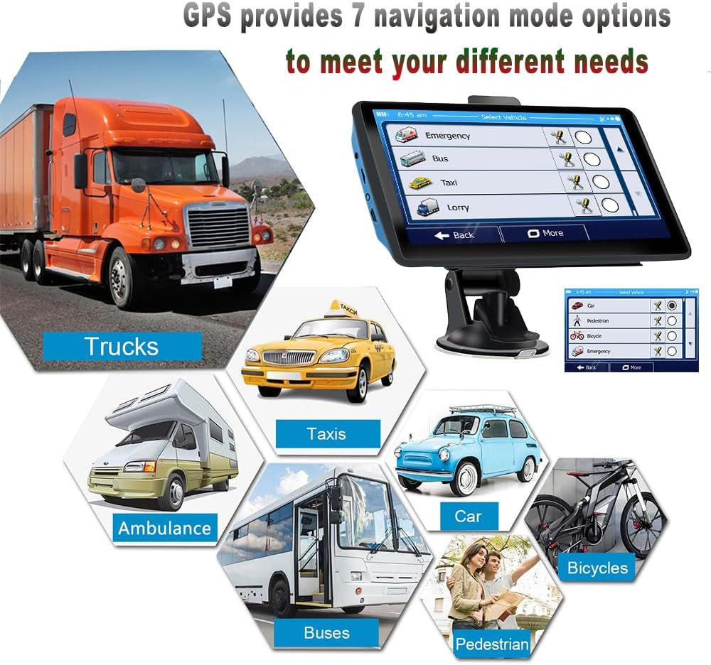 Image showing the GPS device offering 7 navigation mode options for different vehicle types: Trucks, Taxis, Ambulance, Buses, Car, Bicycles, and Pedestrian.
