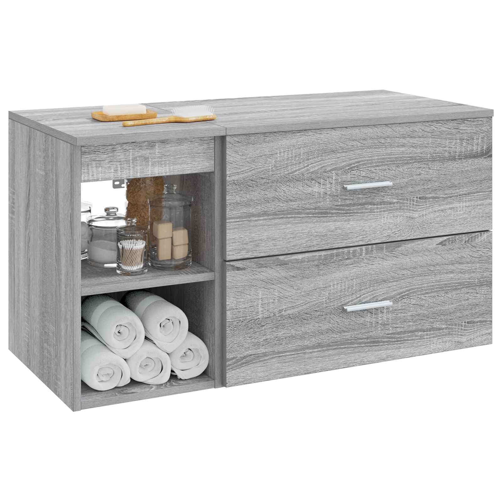 Waschtisch Badezimmer Set 2 teilig Grau Sonoma Holzwerkstoff, Bad Waschbecken Unterschrank mit Schublade, Hängend Wand Halterung für Gäste WC, Stauraum und Organizer