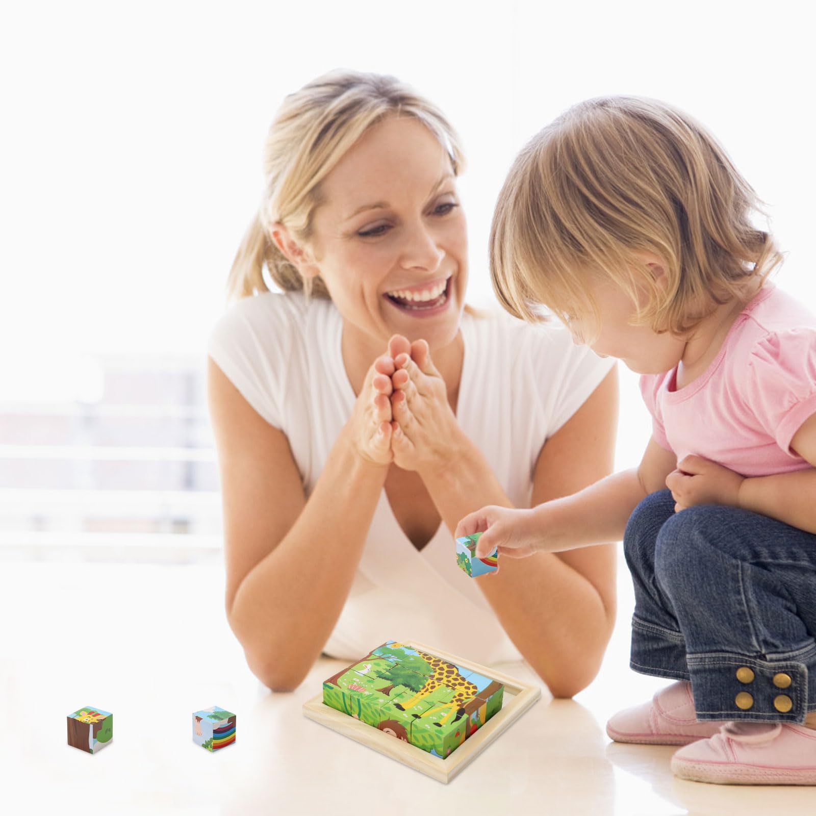 Holzpuzzle Für Kleinkinder Ab 1 Jahr – 9 Würfel Mit 6 Tier-Motiven, 3,5 Cm Größe, Montessori-Spielzeug