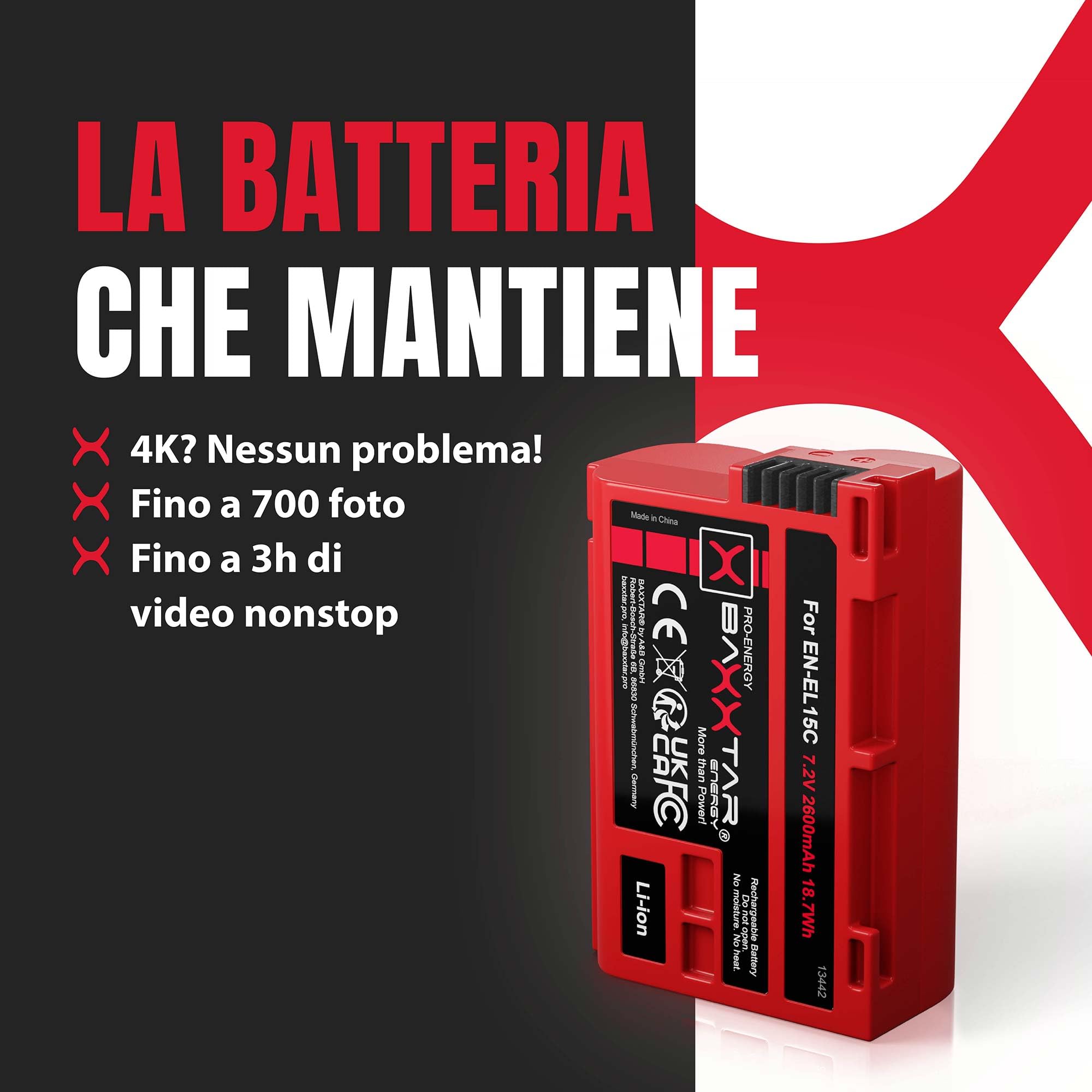 Baxxtar EN-EL15c Batteria 2600mAh compatibile con Nikon Z5 Z6 II Z7 II Z8 D500 D600 D610 D750 D780 D800 D810 D850 D7000 D7100 D7200 D7500 EN-EL15b ENEL15 EN EL15