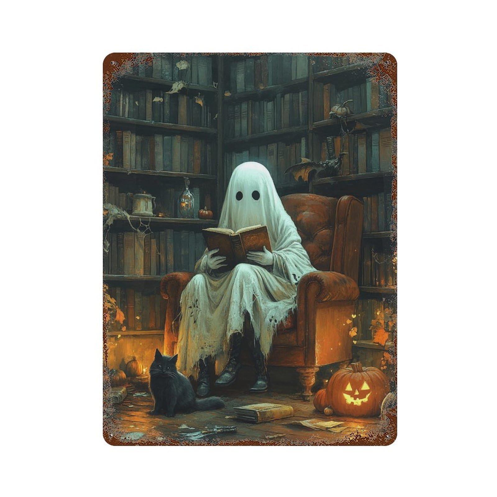 Garage Style Ghostly Library Adventure Weathered Tin Sign 15.7"x11.8", Shabby Chic Decor for Bar And Workshop