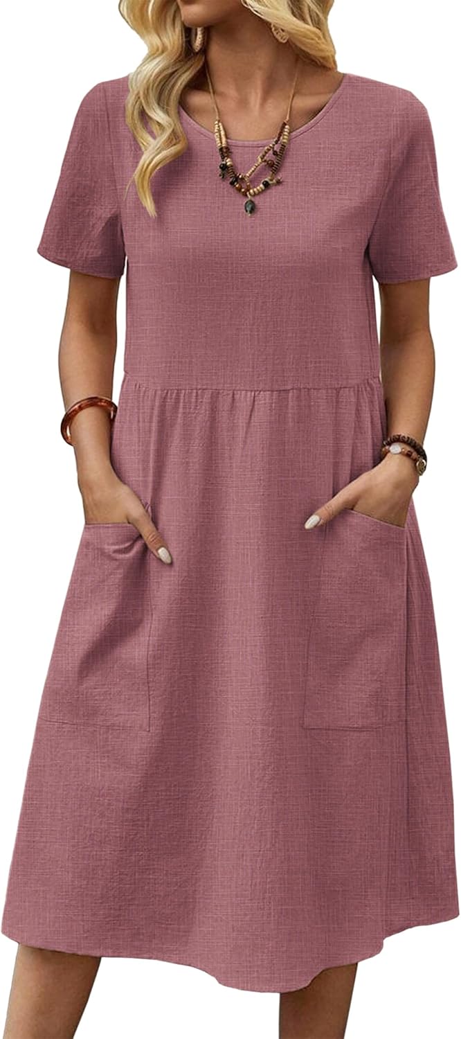 Zeagoo Womens Summer Midi Dress Casual Short Sleeve A-Line Cotton Linen Dress Flowly Beach Tunic Sundresses with Pockets 2026