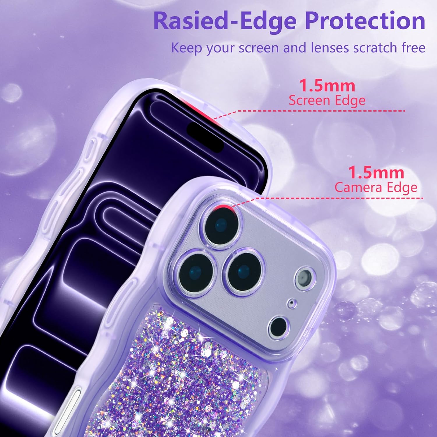 ZTOFERA for iPhone 17 Pro Max Case 6.9", Cute Curly Wavy Design with Glitter Sequins,Luxury Aesthetic Bling Sparkly Shockproof Protective Phone Case for iPhone 17 Pro Max-Glitter Purple - Image 2