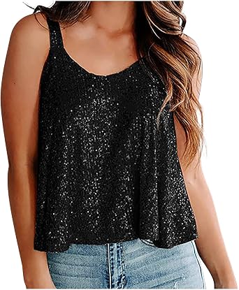 Girls Fashion Sequin Tank Tops Sparkle Shimmer Cami Vintage Disco Spaghetti Strap Sequin Camisole Bling Shirts Summer