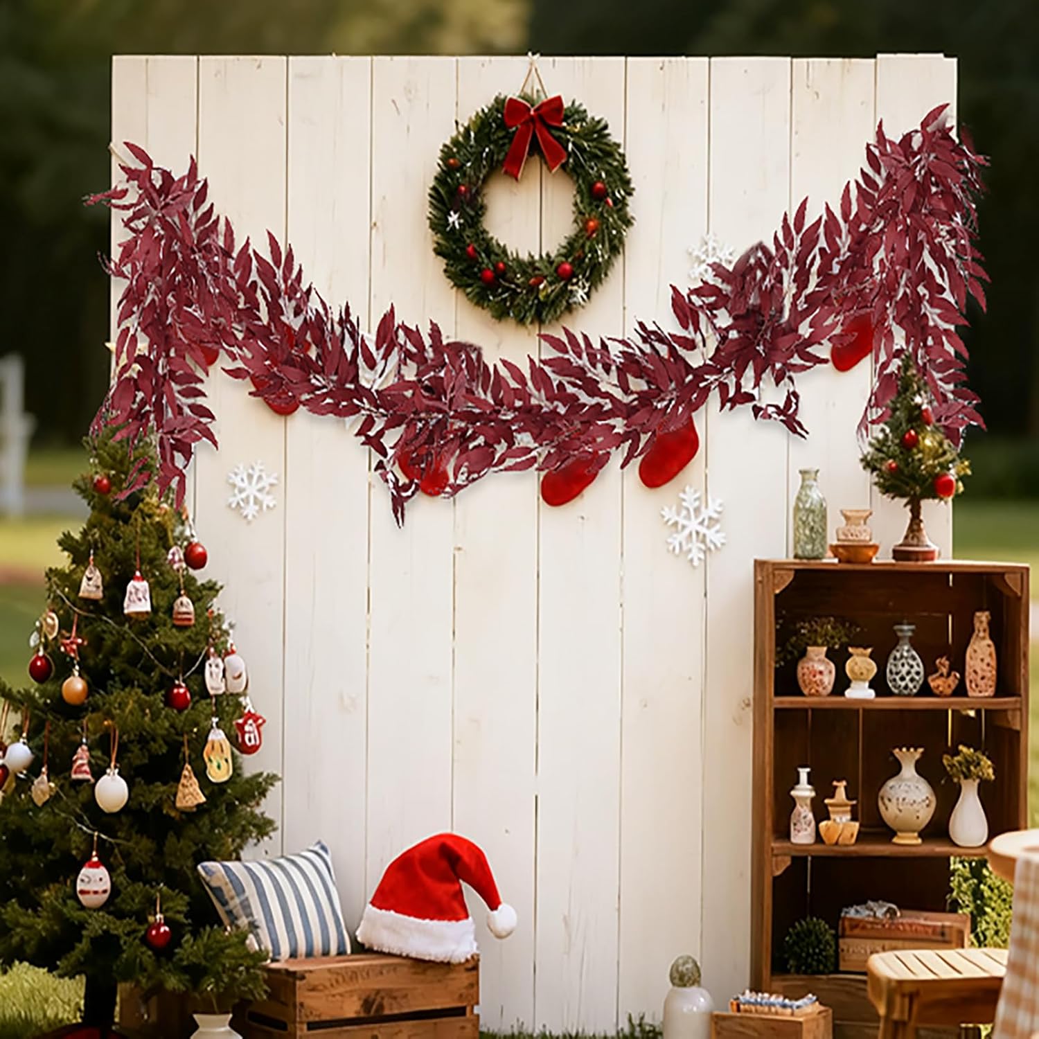 RECUTMS Artificial Hanging Willow Leaves Vine Twigs 2Pcs 5.7Ft Fake Silk Burgundy Leaf Ivy Fall Garland Faux Greenery Indoor Outdoor Valentines Day Wedding Birthday Christmas Thanksgiving Party Decor - Image 4