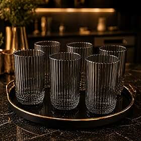 Kit 6 Copos de Vidro Canelado Transparente 430ml Design Moderno Elegante Ideal para Água Suco Drinks Whisky Refrigerante Mesa Posta Cozinha Bar Restaurante (Fume)