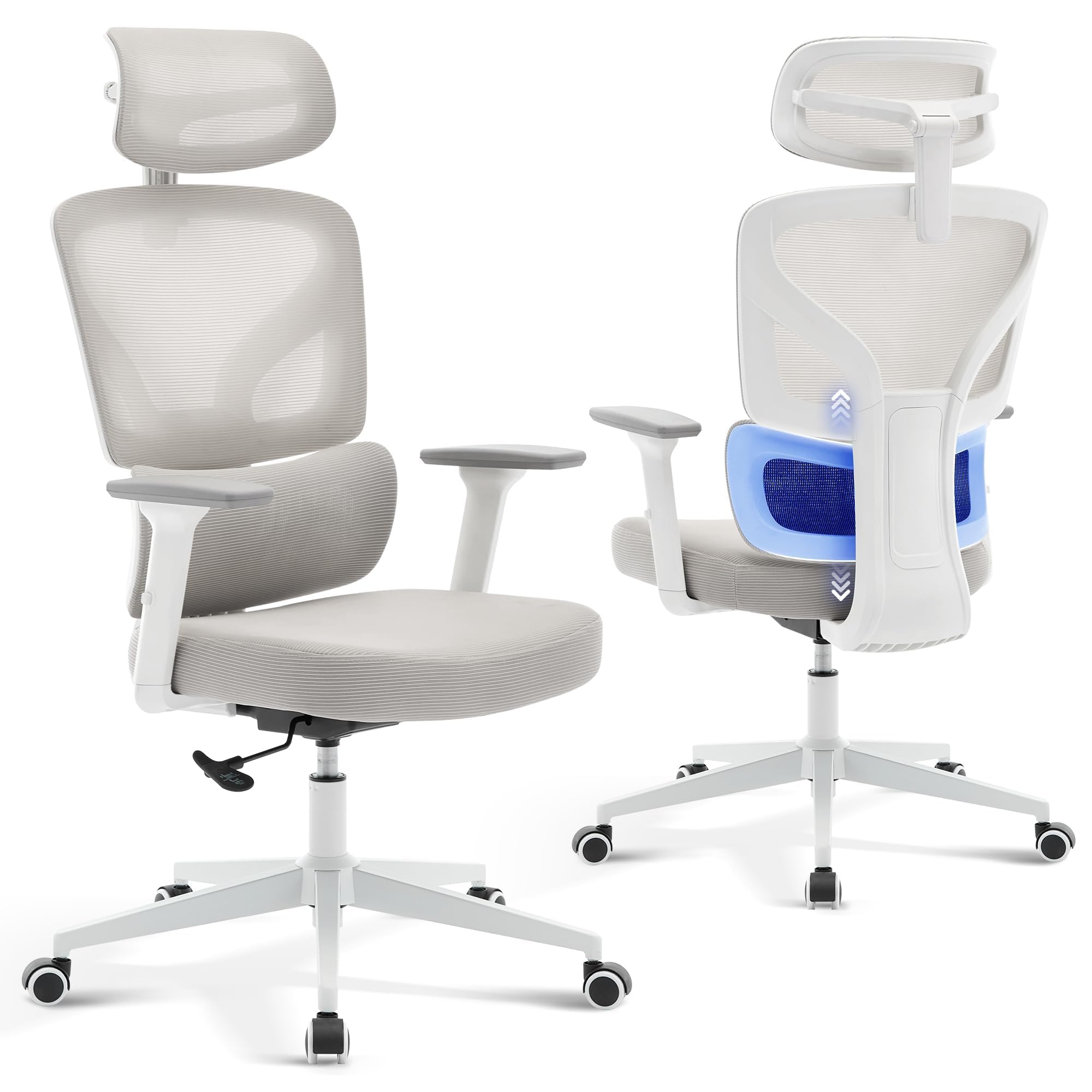 Garvee Silla Ergonómica Escritorio - Asiento y Respaldo Regulables, Respaldo Alto con Muelle, Altura Ajustable, Base Metálica Soporte 136 kg, Estructura Blanca, Malla Gris, Piernas Metálicas Blancas
