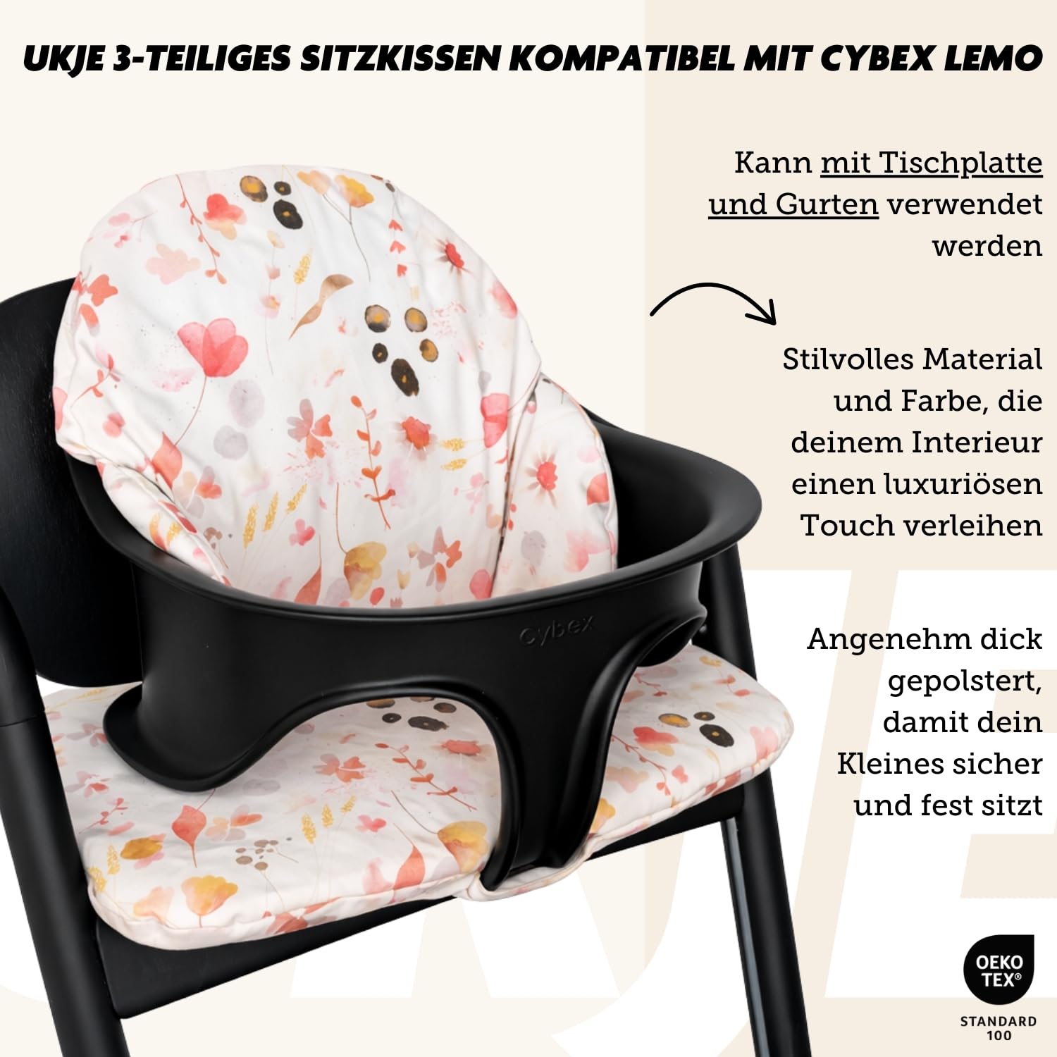 Ukje 3 Stück Kissen kompatibel mit CYBEX Lemo - Dickes - Atmungsaktives Baumwollgewebe 100% Oeko-Tex Baumwolle - Wasserdichtes Futter - Handgefertigt in EU (Flowers)