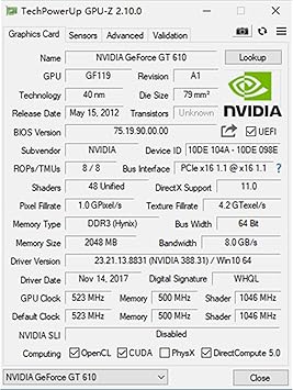 GeForce GT 610 2G DDR3 Low Profile Graphics Card, PCI Express 1.1 x16, HDMI/VGA, Entry Level GPU for PC, SFF and HTPC, Compatible with Win11