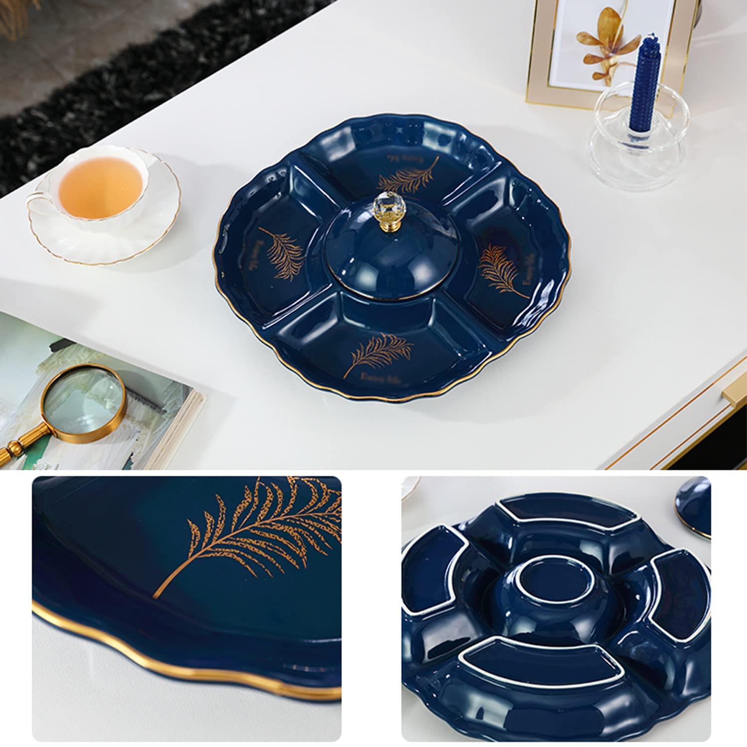 Miska na owoce, Wysokiej klasy ceramiczny talerz na suszone owoce z 5 siatkami, wykwintne przekąski taca cukierki, kompot orzechów i stojak jagody/niebieska(Lime)