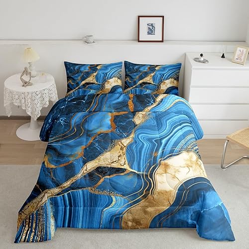 Erosebridal Juego de edredón de mármol azul matrimonial, ropa de cama dorada agrietada para niños y niños, juegos de edredón de textura metálica