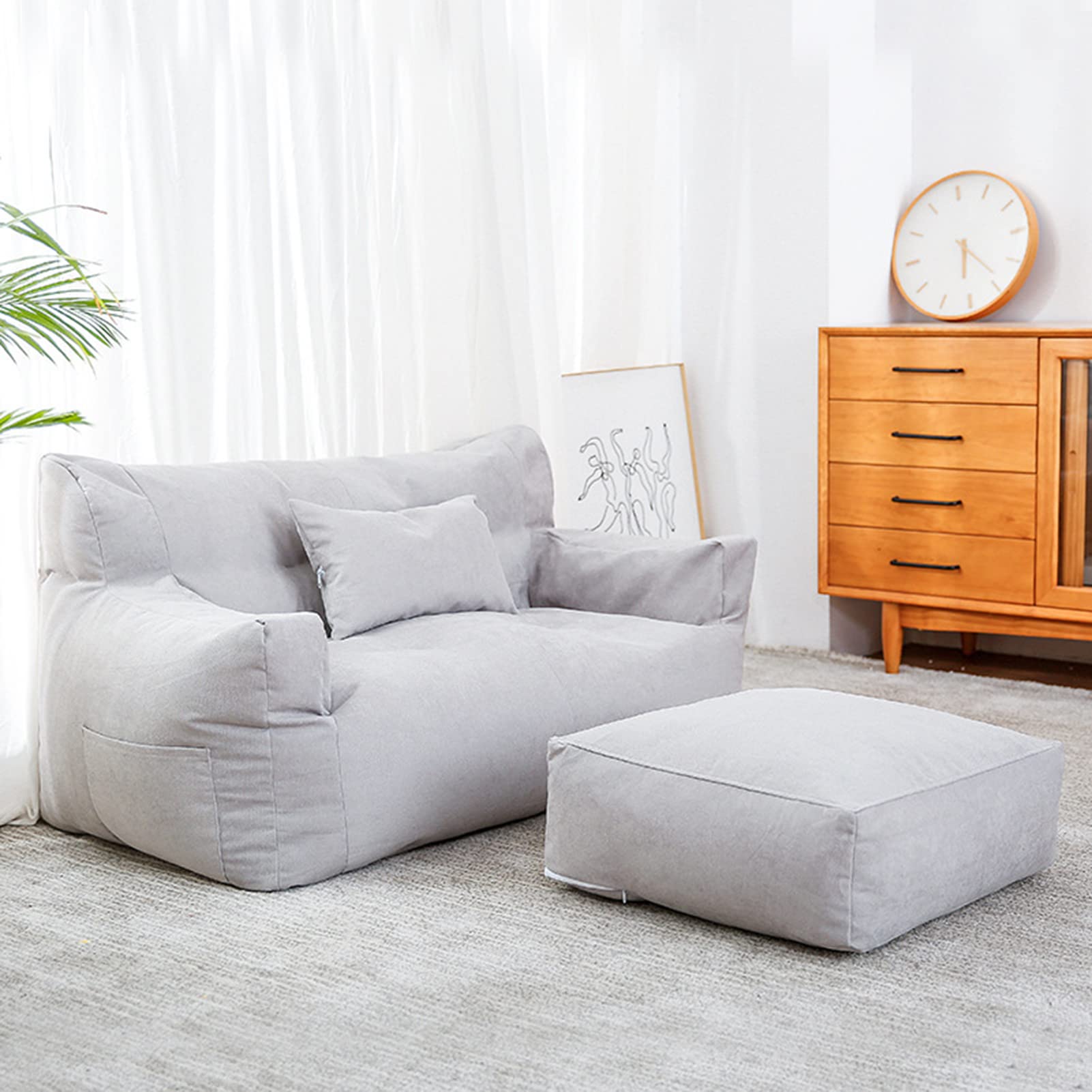 Sofdicht Grande Puff Salon para Adultos y Niños, Algodón Bean-Bag de Sala de Estar Funda para Sillón Puff Cubierta para Sofá Perezoso de Color Liso, sin Relleno,Light Gray