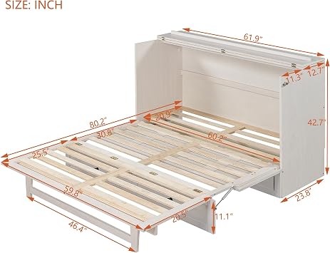 Queen Size Murphy Bed, Folding Wall Hideaway Chest with USB Port and A Large Drawer, Space Saving Cabinet Bed Frame with Wood Slats Supports, Easy Assembly (Brushed White, Queen)