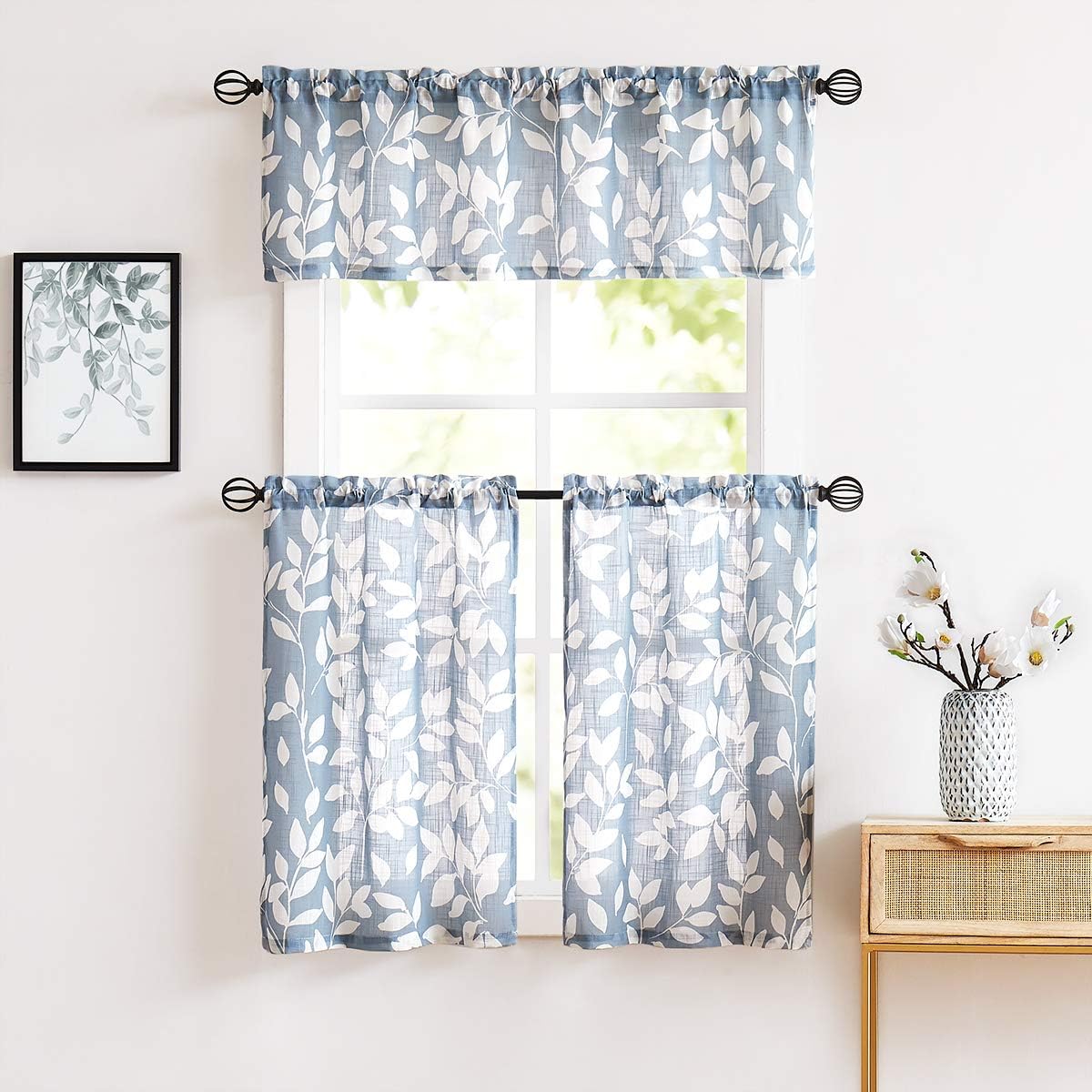 Blue Tier Curtains 27x24"L Short Leaf Print Semi Sheer Cafe Curtain 2pk