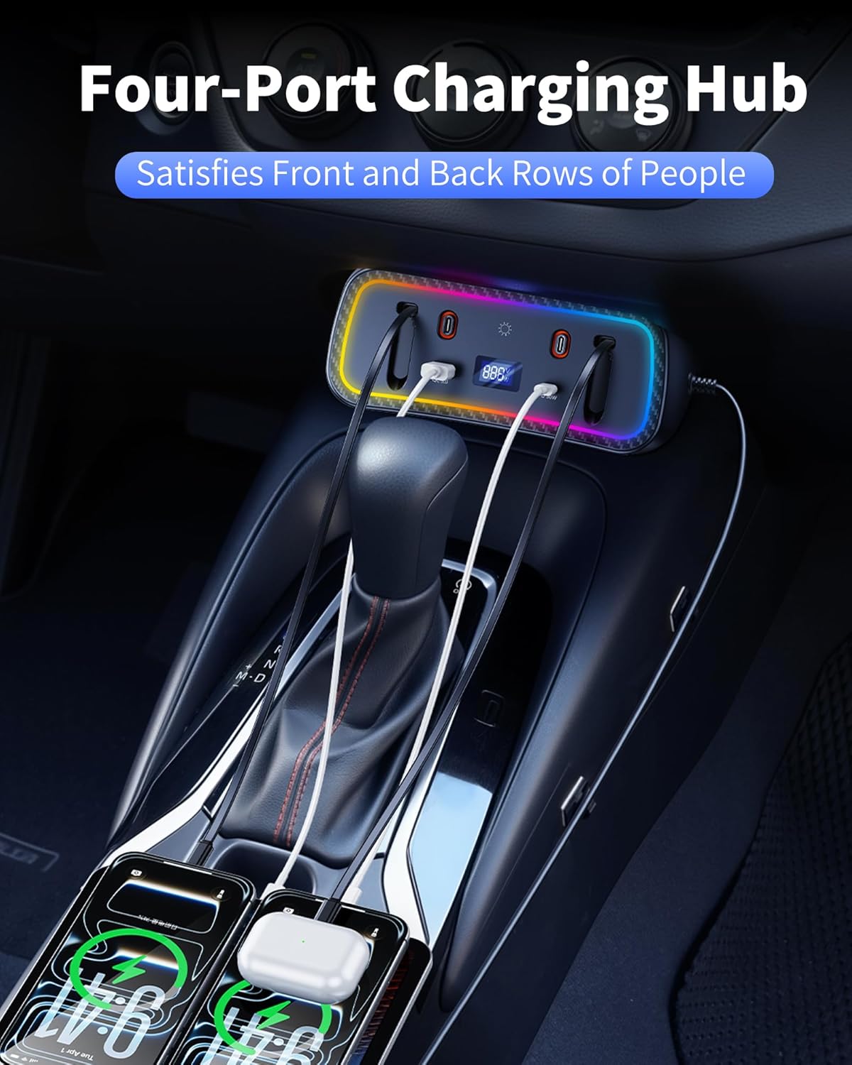 Car Charger Usb Hub with RGB Light for 2026 2025 2024 2023 2022 2021 2020 Toyota Corolla Accessories, 4-Port Docking Station with Retractable Cable, Phone Fast Charging Hub with Voltage Display