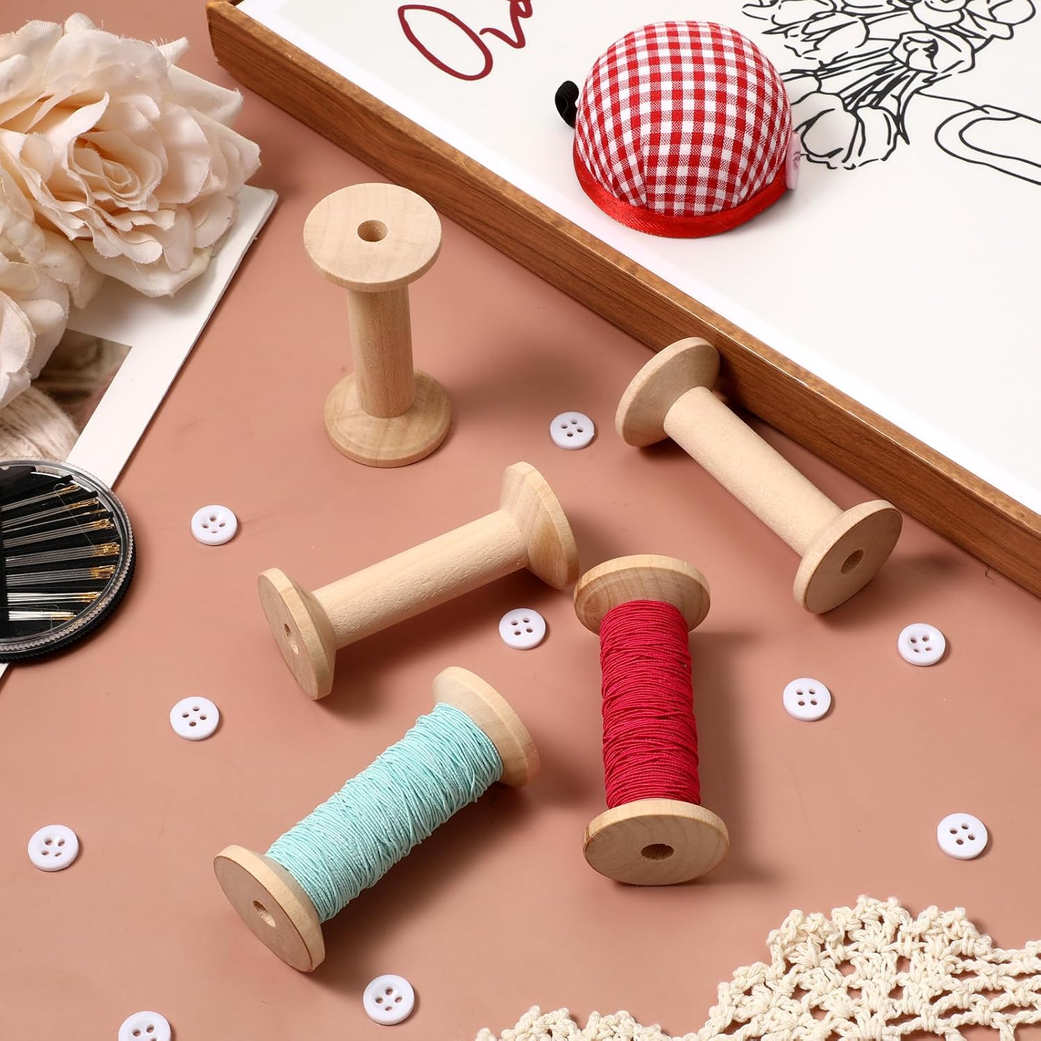 5PCS Wooden Spools for Crafts, Unfinished Wooden Spools, Bobbins Rotatable for Sewing, Weaving, Ribbon Crafts, DIY Art and Education