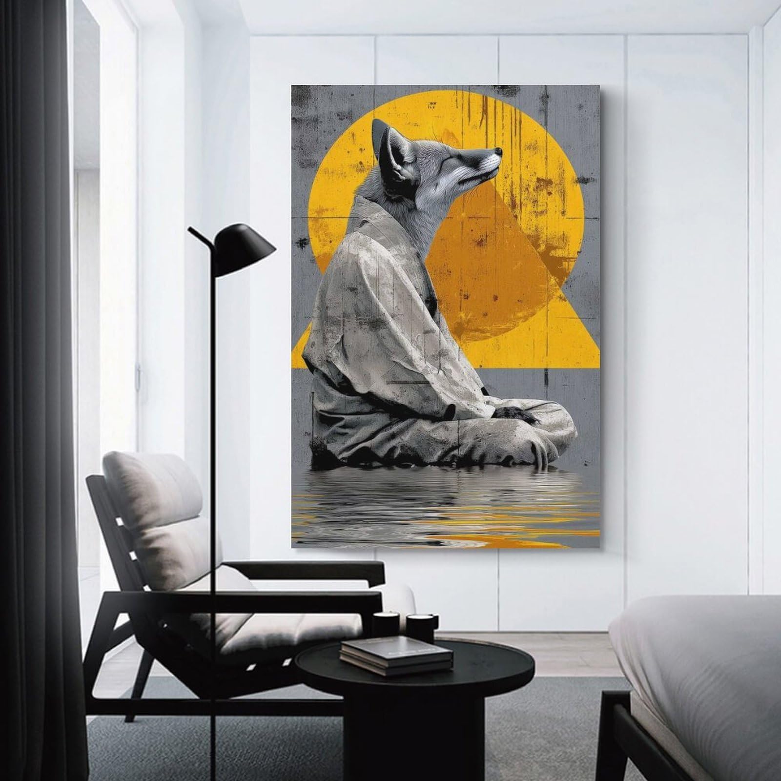 Junmoney Meditating Fox in Kimono Decorative Wall Artwork, 08x12inch(20x30cm), for Corridors, Hallways Or Apartment Entries, Home Artwork for First Impressions