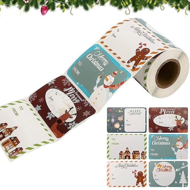 LATERN 250Pcs Christmas Tag Stickers, 6 Color Xmas Self Adhesive Gift Label Stickers Fill Name Tags Present Decorative Labels Snowman Reindeer Gingerbread Man Stickers (8cm x 5cm)