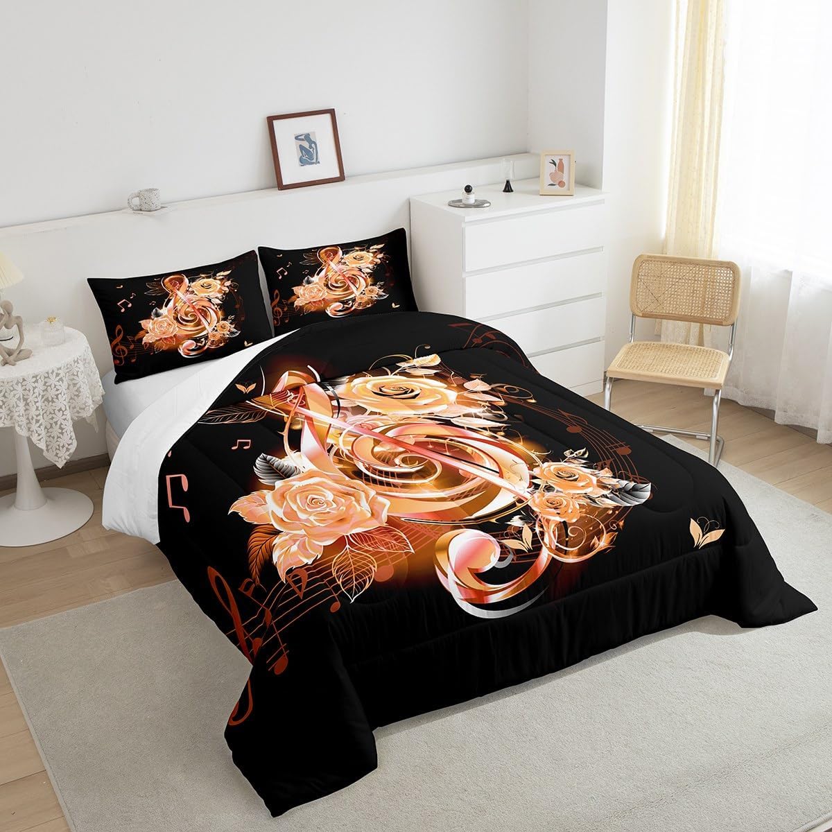Feelyou Music Note Comforter Set Full Size Couple Orange Rose Floral Comforter for Girls Women Lover Music Blossom Flowers Bedding Set Romantic Duvet Set Room Decor