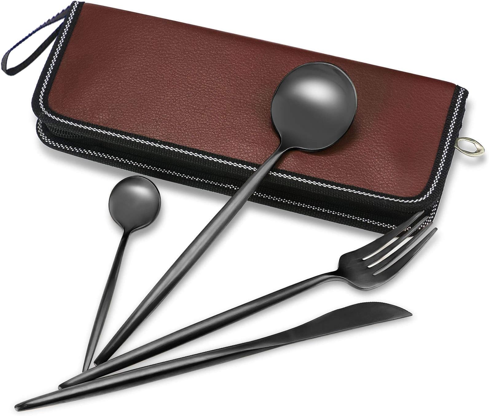topbooc 4 Pieces Spanish Stainless Steel Flatware Set, Knife Fork Spoons, Travel Camping Cutlery Set, Reusable Lunch Box Utensils, Portable Travel Silverware Set(4pcs Black with a Leather Box)