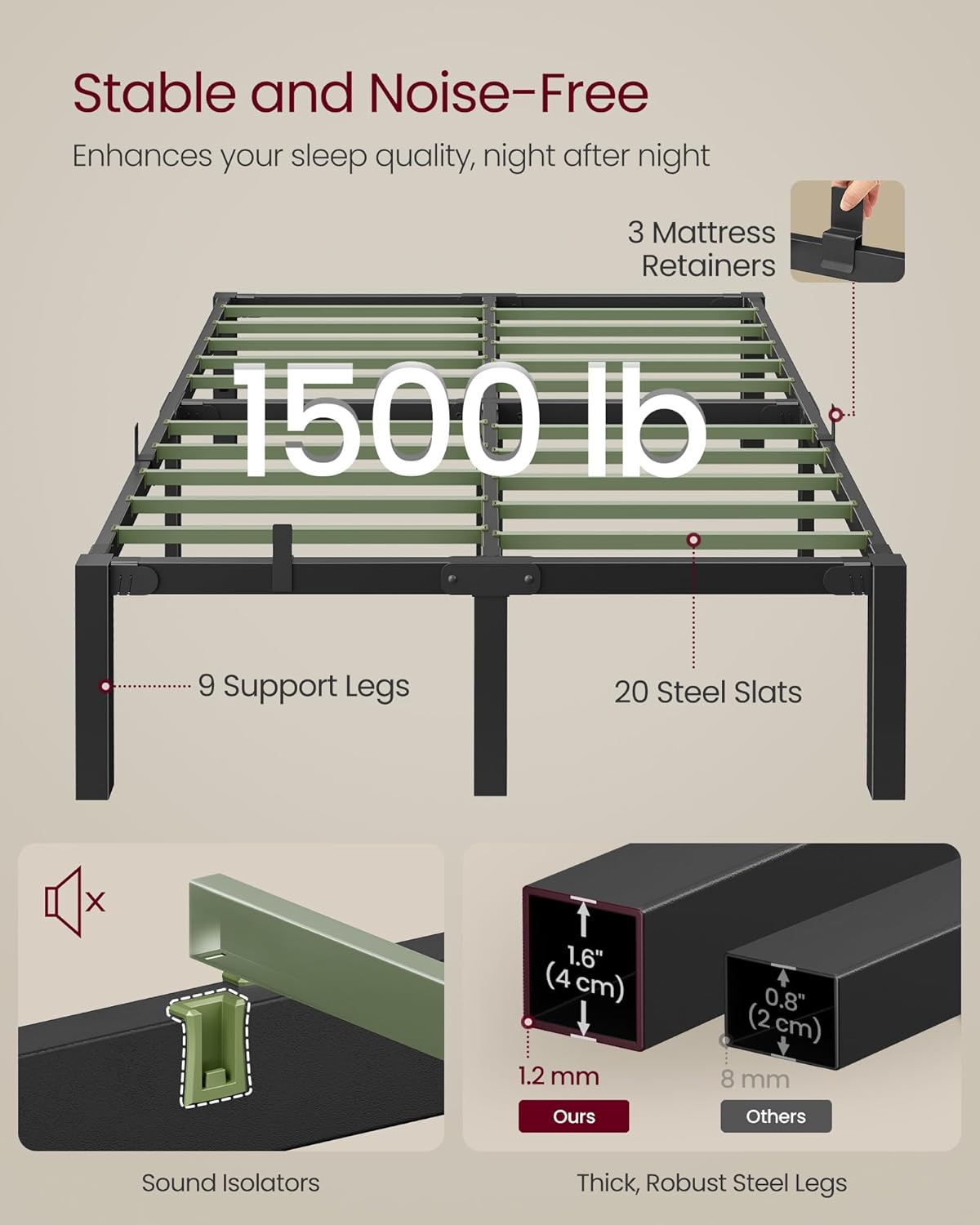 VASAGLE Metal Full Bed Frame, Heavy-Duty Platform Bed Frame Full Size, Quick Assembly, 1500 lb Weight Capacity, Steel Slats, No Box Spring Needed, Ink Black and Forest Green URMB872B01 - Image 4