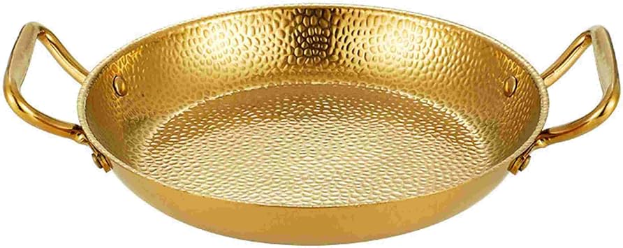 Grill Paella Pan, Stainless Steel BBQ Pan With HandlesSpanish Paella Pan, Stainless Steel Double Ears Pan, Nonstick Cooking Skillet Cookware for Homes Or Restaurants,Gold,30CM