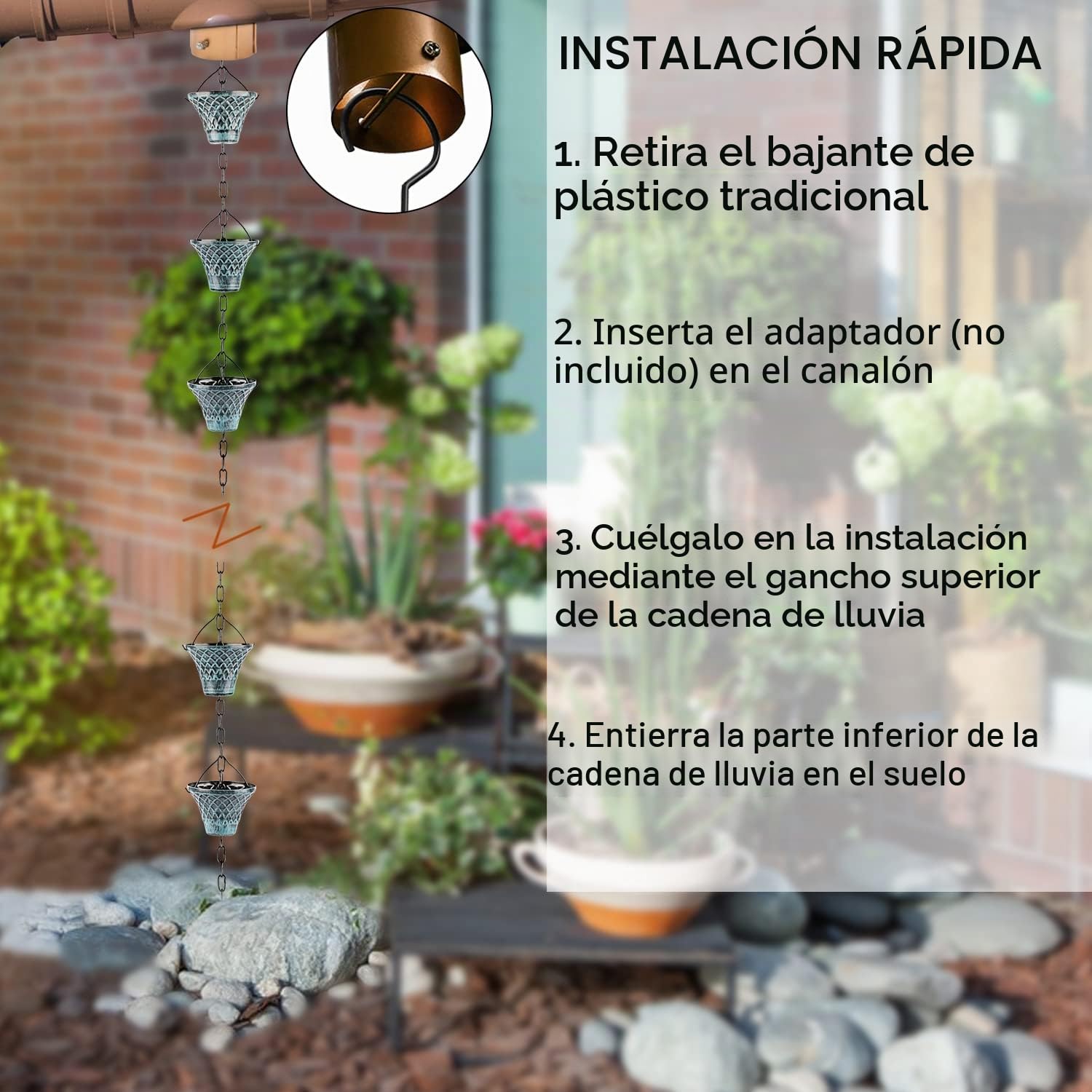 Tfro & Cile Cadena de Lluvia para canalón de bajante, desviador de Agua Exterior, decoración del hogar, 8 1/2 pies de Largo