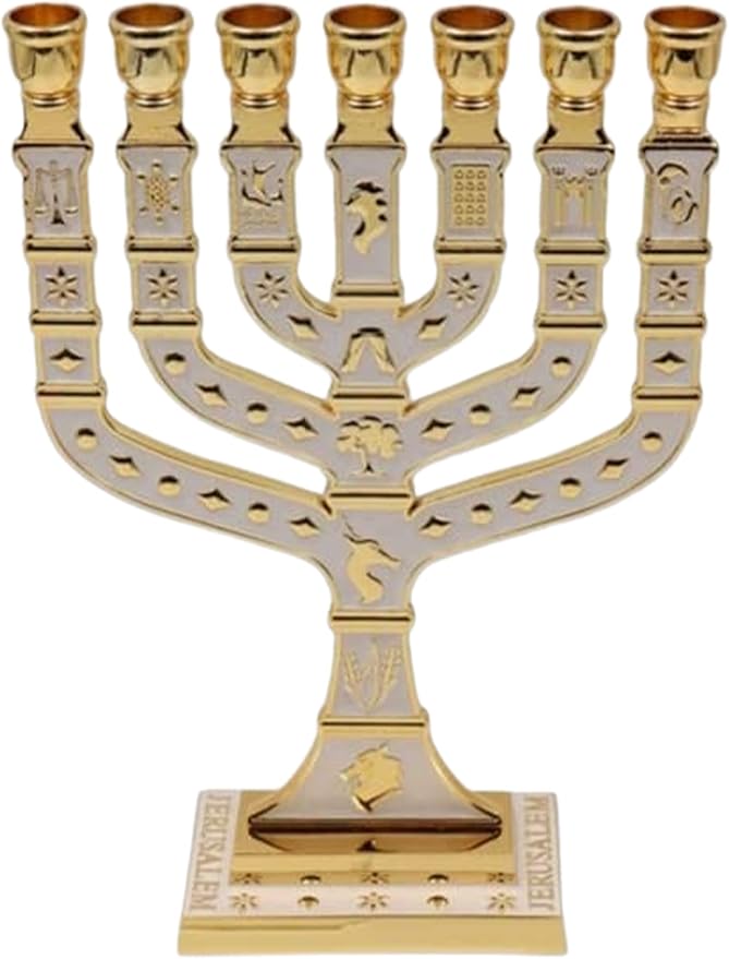 Traditional Jerusalem Menorah 7 Branch, Enamel Finish, with 12 Tribes, Jewish Candle Holders (10.8 inch)