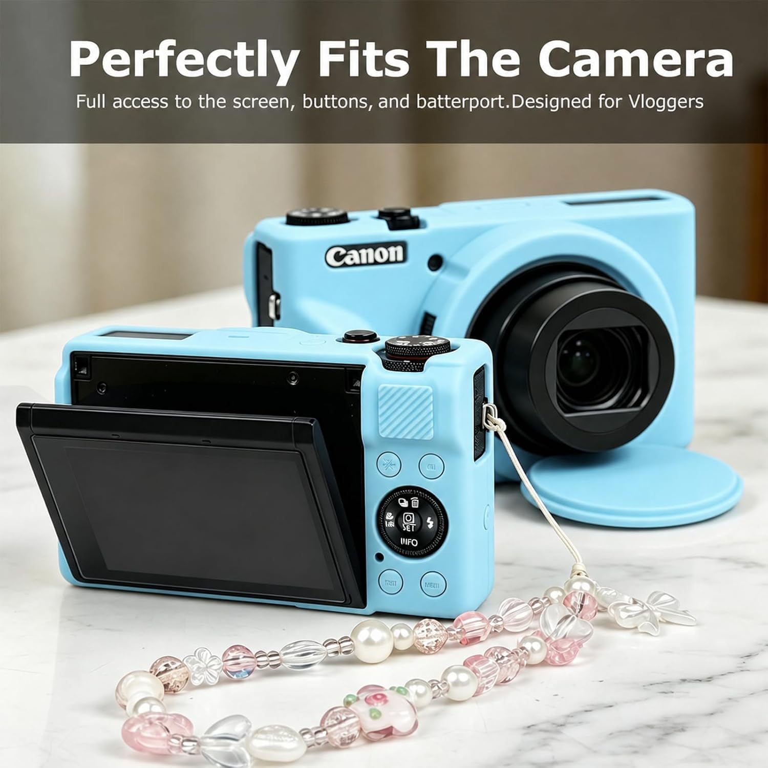 Silicone Case for Canon PowerShot G7 X Mark III Camera, Soft Anti-Slip Rubber Skin with 2X Lens Films, 2X Carrying Straps & Cleaning Kit, Full Protection Cover for Vlogging & Travel (Blue)