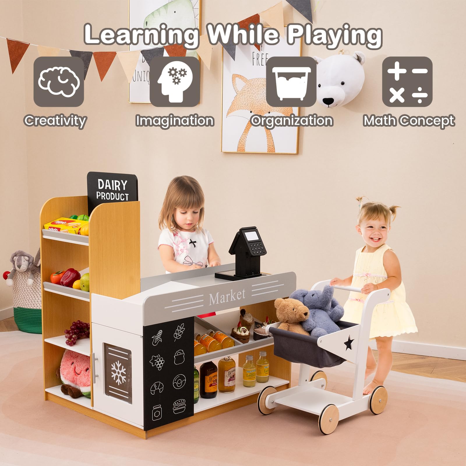 HOMASIS Set di Cassa Supermercato Giocattolo in Legno, Supermercato Giocattolo per Bambini con Carrello Spesa Bambini, Lavagnette, Negozio Giocattolo Educativo Montessori per Bambini da 3+ Anni