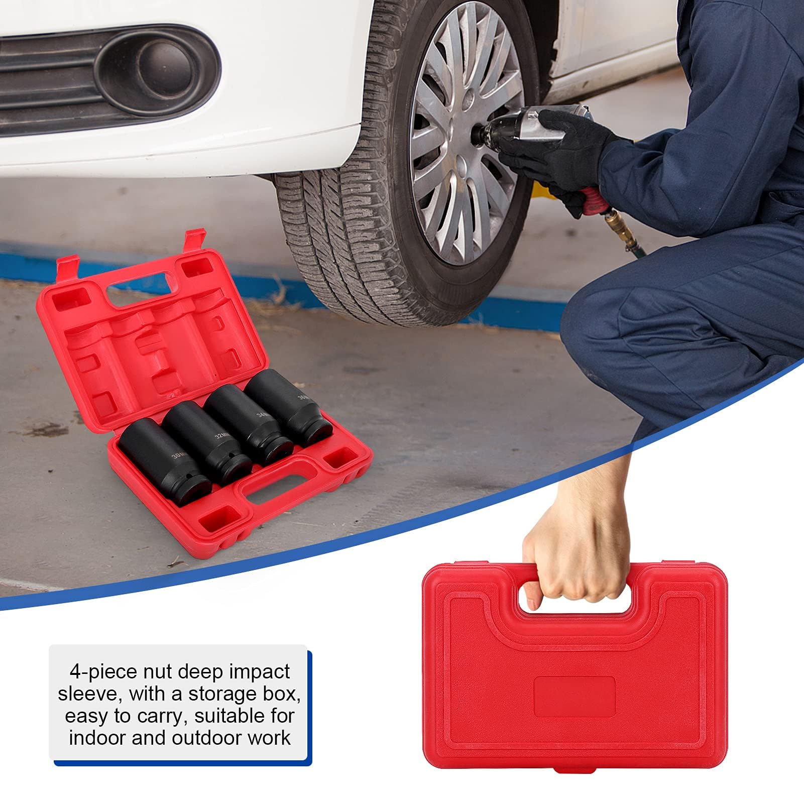 Set di 4 Dadi per Chiavi a Percussione, Set di Inserti per Chiavi a Bussola Ad Alto Impatto 1/2 Pollice Set di Dadi Esagonali 30-36 Mm, Attrezzo per Alberi di Trasmissione dei Dadi con Cassetta