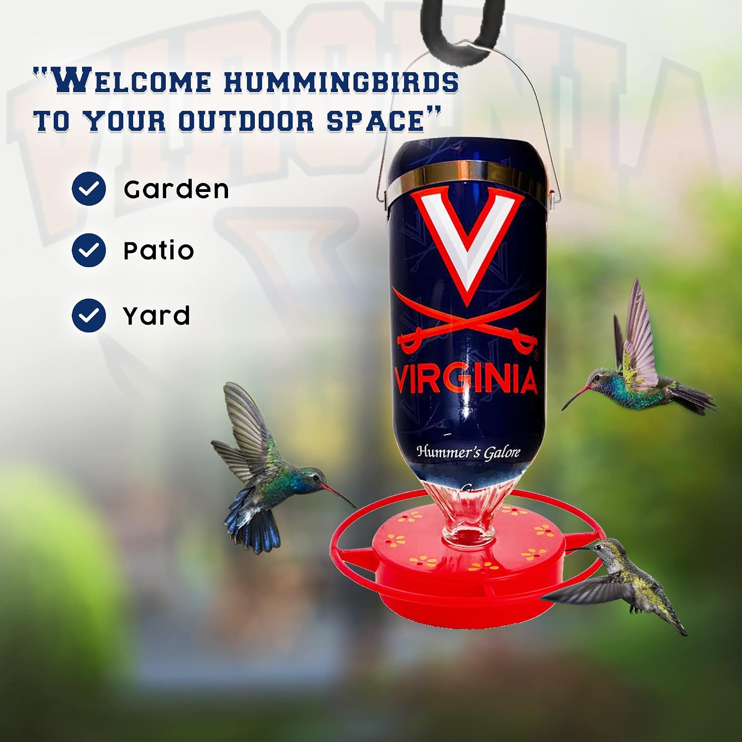 Hummer's Galore, NCAA College Football Hummingbird Feeder, Glass Hummingbird Feeder with UV Resistant Plastic Wrap for Outdoors Hanging, 32 oz, (Virginia Cavaliers)