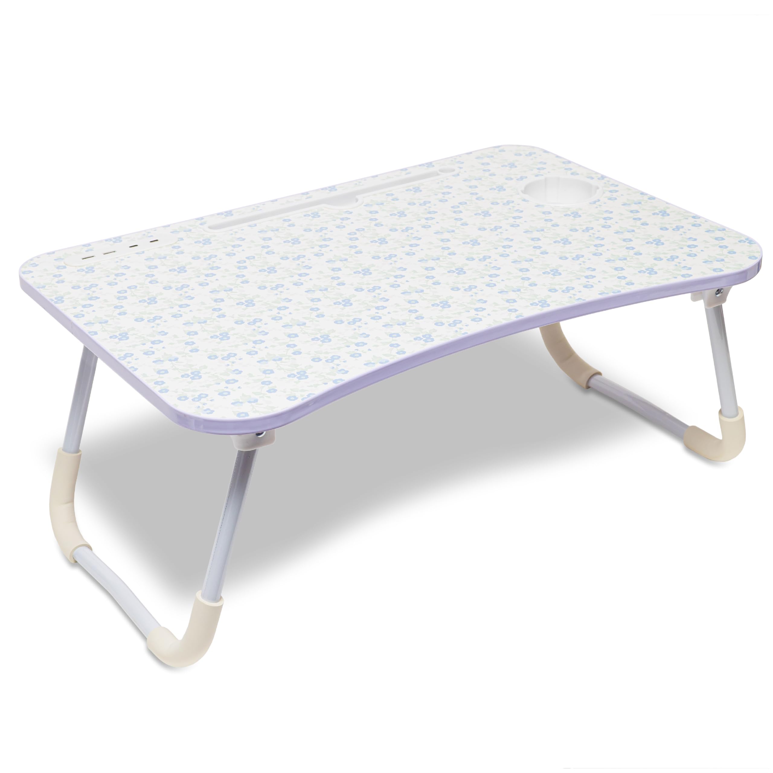 XO Poppy Foldable Laptop Desk with Tablet & Phone Holder, 4 Charging Ports, Cup Holder, Anti-Slip Legs, Wall Adapter Included