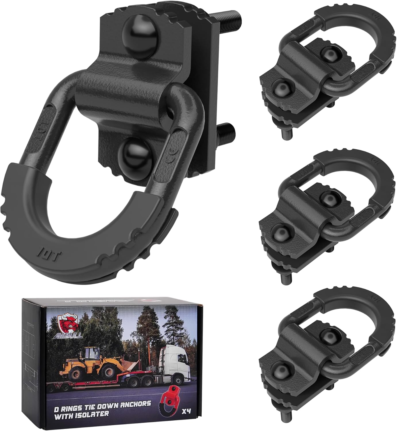 AMBULL D-Ring Tie Down Anchors with Rubber Isolators, 4 Pack Heavy Duty 10 Ton Capacity Carbon Steel, Bolt-On with Mounting Hardware, Zinc & Powder Coated for Trailer, Truck, Pickup, Garage-Black