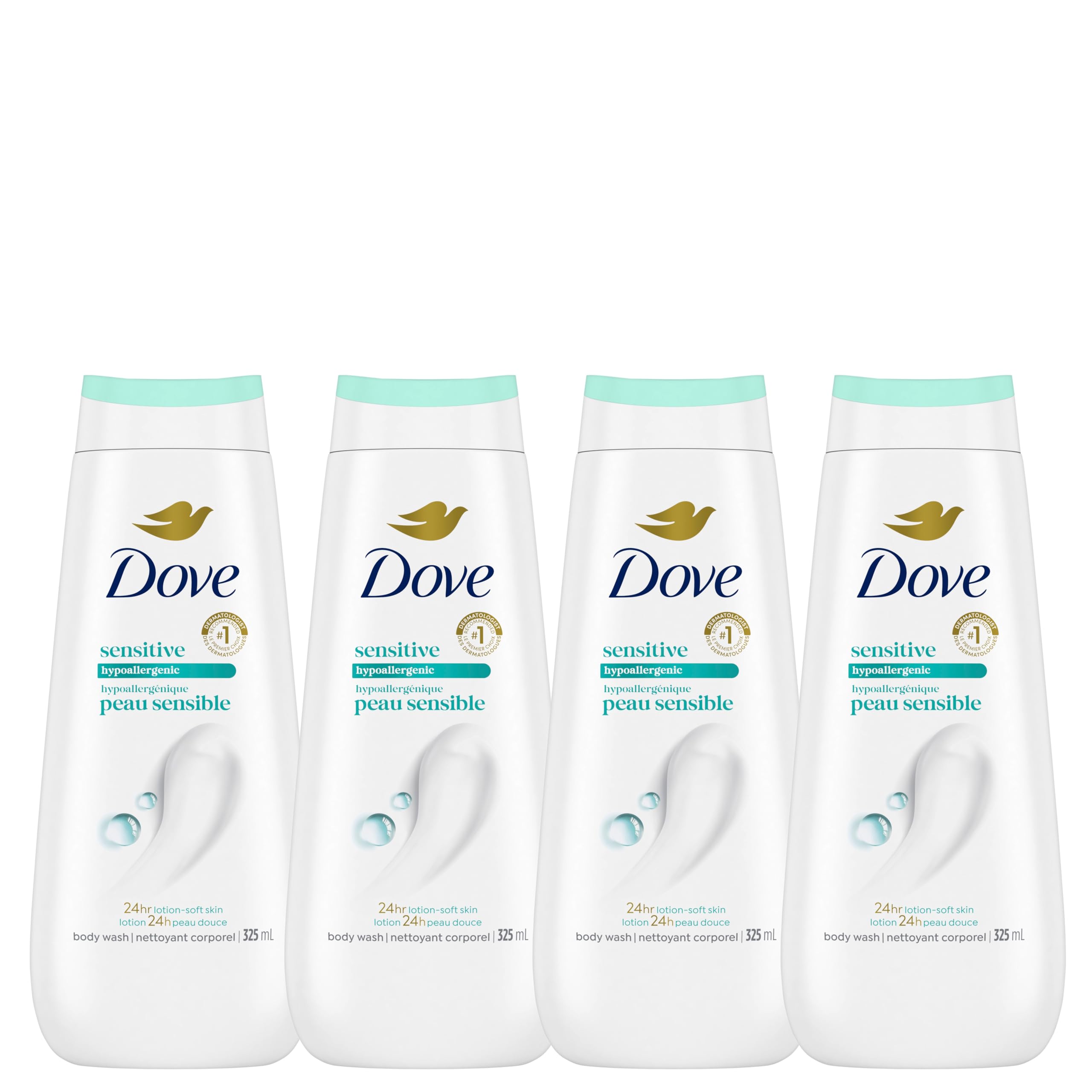 Dove Sensitive Skin Body Wash For 24hr Lotion-Soft Skin, Hypoallergenic with No Sulfates No Parabens, 325mL (Pack of 4) Natural 325 ml (Pack of 4)