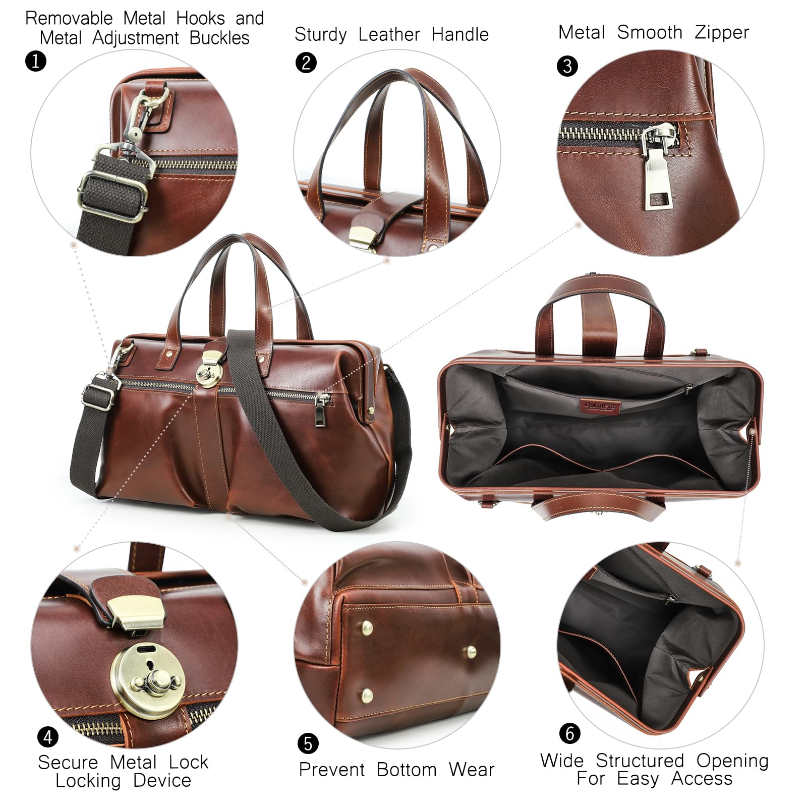 CONTACTS Bolso médico de cuero de grano completo para hombres y mujeres, maletín vintage de 14 pulgadas, bolso de hombro de gran capacidad con apertura de marco de metal para abogados