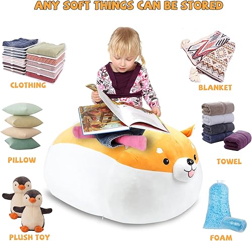 Miniatura 4 de MissSoul Funda para puf de almacenamiento de animales de peluche para niños, lindo Shiba Inu, perro amarillo, puf grande, juguete de peluche para