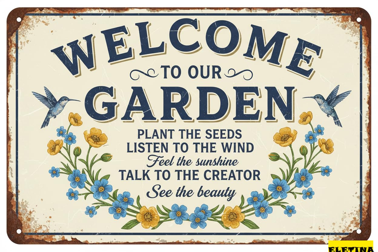 Vintage Metal Tin Sign for Man Cave Garden Decor Outside, welcome To Our Garden” Floral, Rustic Front Porch Decor, Wall Art, 8x12 Inch Private Property Decorative