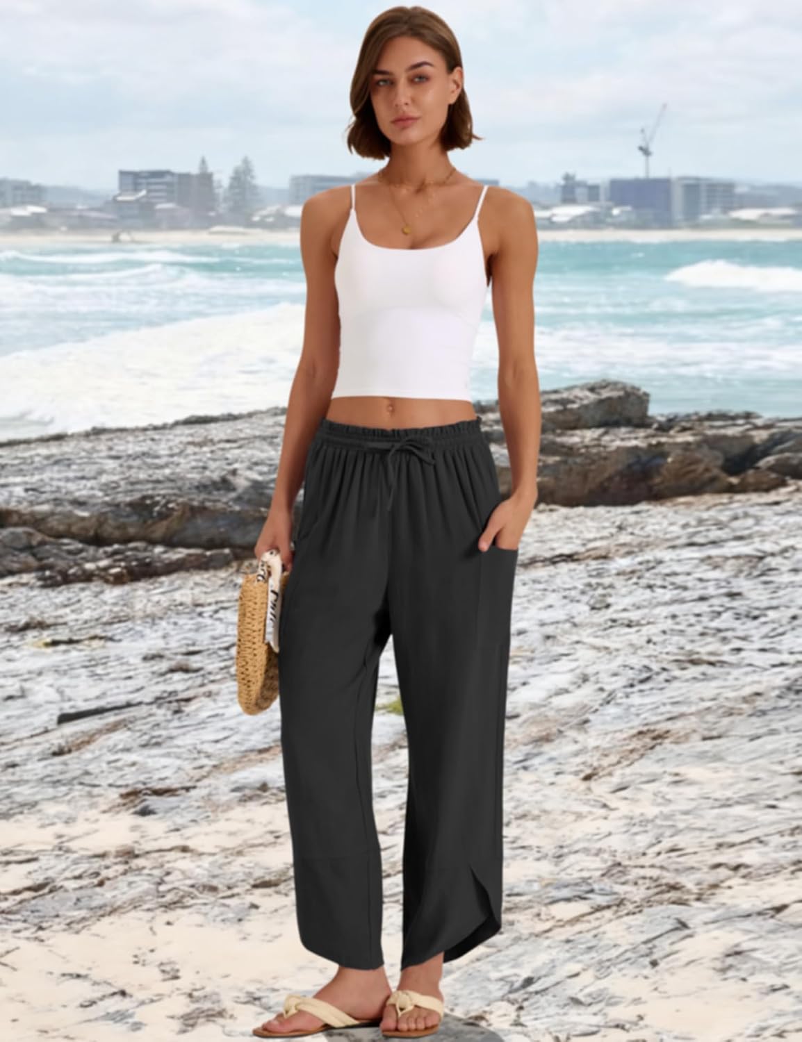 LOMON Women Linen Palazzo Pants Boho Wide Leg Elastic Waisted Casual Capri Pant Summer Harem Lounge with Pockets