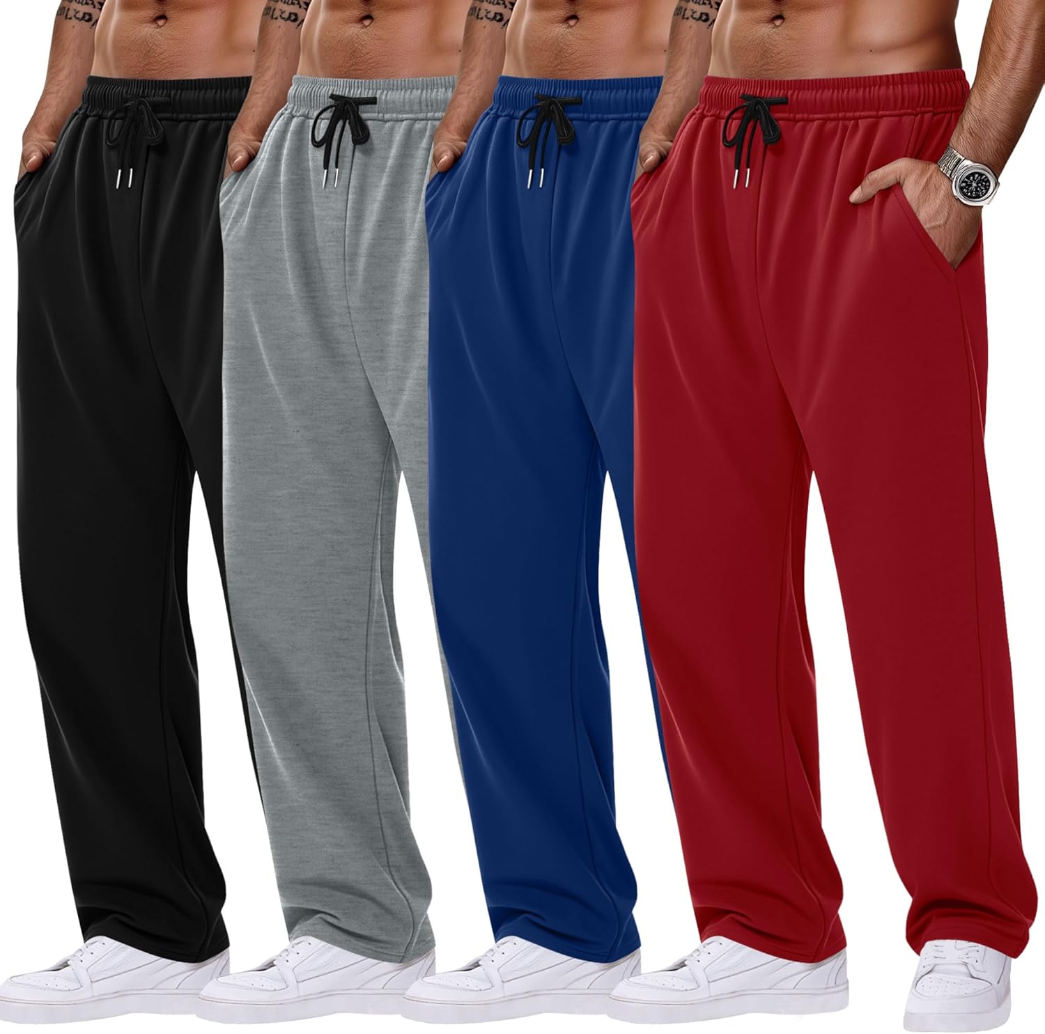 4 Pack Men's Sweatpants Open Bottom with Pockets Drawstring Athletic Lounge Joggers...
