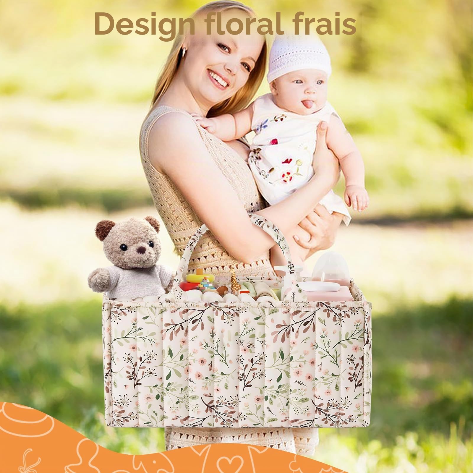 Organisateur de Couche Bebe, Panier Rangement Bébé avec Compartiment Amovible, Panier Table a Langer Bebe Pour Lingettes et Articles, Motif Floral, Poignée Portable, Cadeau pour Naissance-né