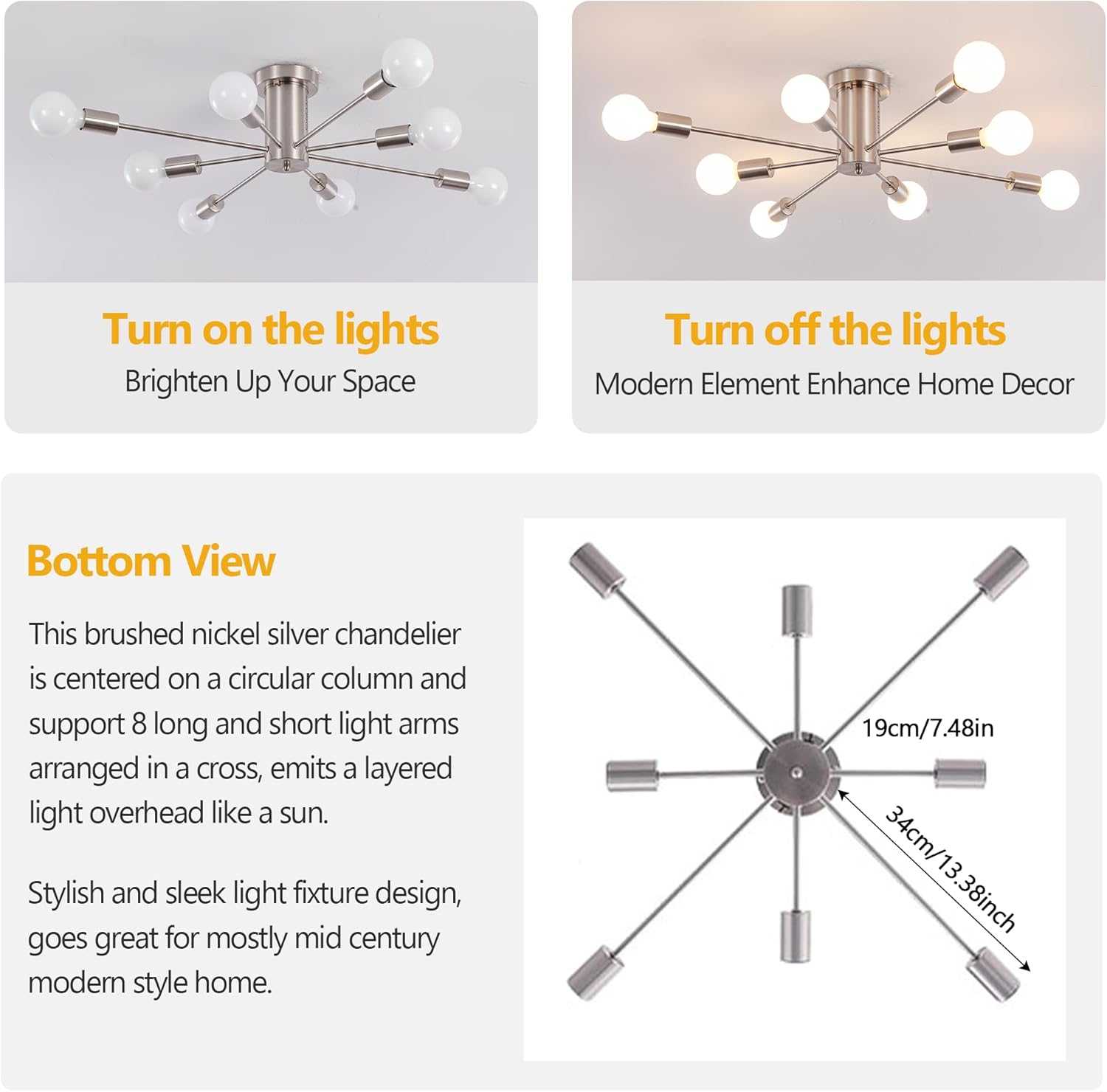 Modern Sputnik Chandelier, 8-Light Ceiling Light Fixture, Bedroom Light Fixture, Sputnik Lights Fixture for Living Room, Dining Room, Kitchen, Office, Hallway, Foyer (Brushed Nickel Silver) - E26 Base