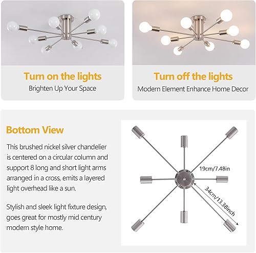 Miniatura 8 de Lámpara de araña Sputnik moderna, lámpara de techo de 8 luces, lámpara de dormitorio, lámpara Sputnik para sala de estar, comedor, cocina, oficina,