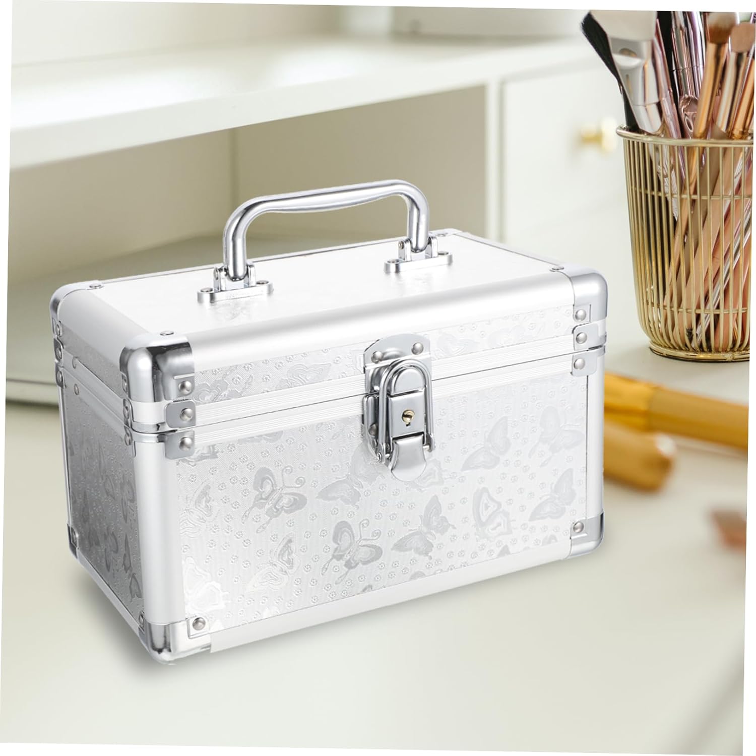 Angoily Makeup Containers Box Portable Cosmetic Case Makeup Bags para Guardar Portable Makeup Bag Multifunction Miss Chassis, Silver, 24x15x15cm