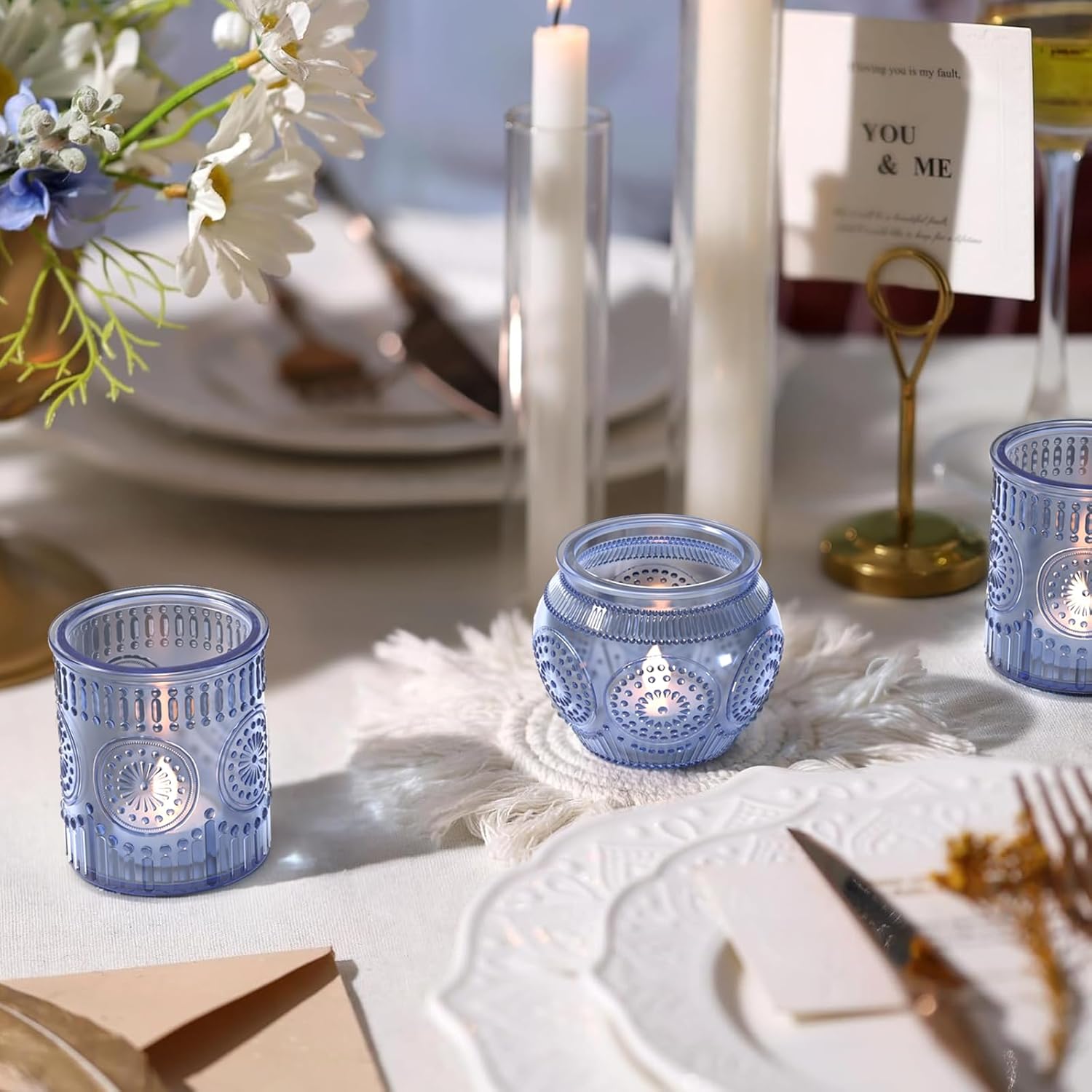 24 Pcs Blue Votive Candle Holders for Table Centerpiece, Vintage Glass Candle Holder Set for Wedding Decor Home Party Decoration