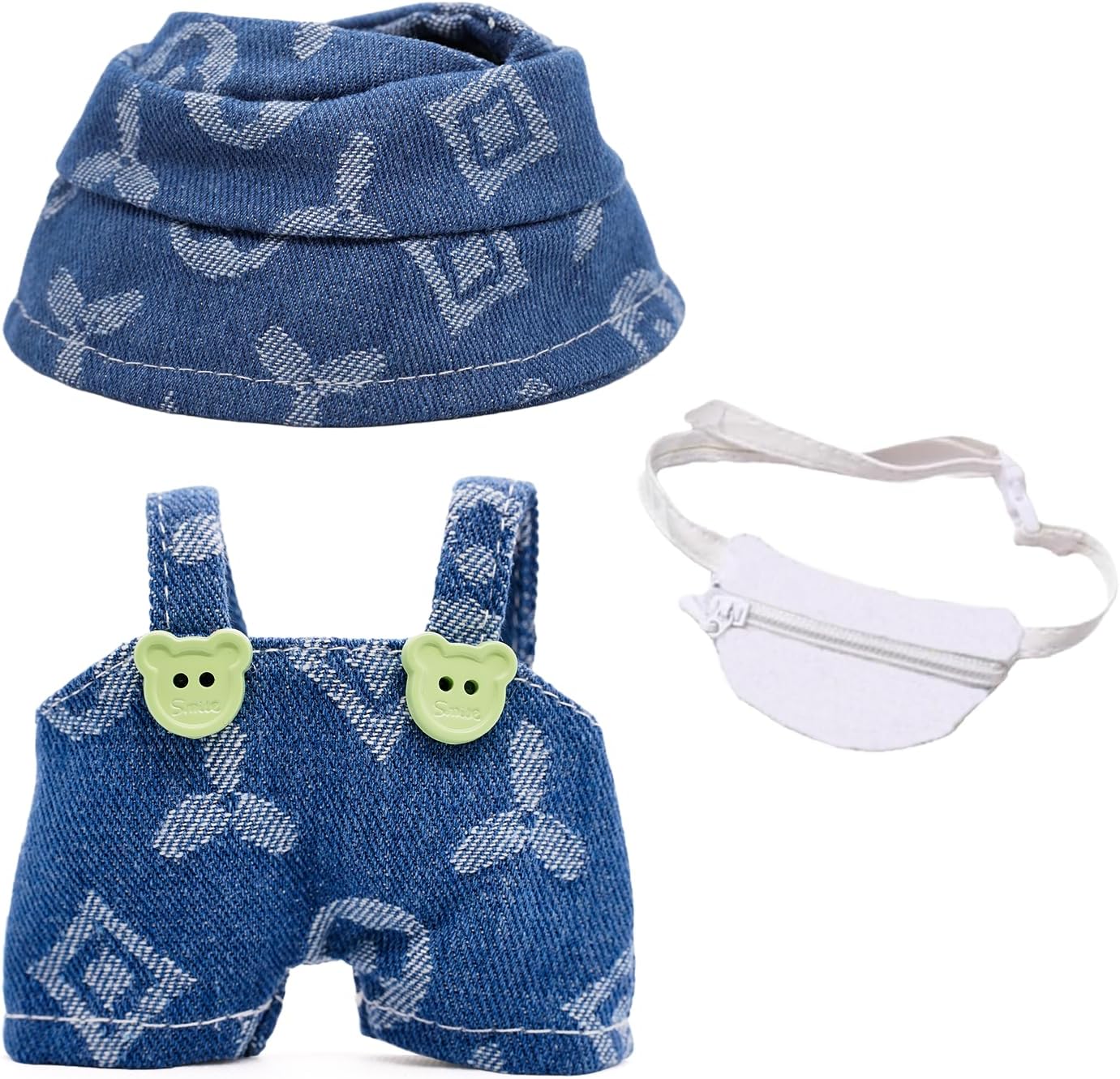 Doll Clothes Compatible with Labubu 17cm 3 Piece Denim Set Including a Blue Rompers, White Bag, Hat - Cowboy Stylish Adorable Premium Outfit Accessories - Ideal for Collectors - No Doll