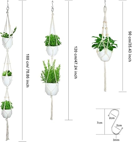 Miniatura 2 de 6 piezas de macramé para plantas con 6 ganchos, diferentes niveles, juego de macetas colgantes de cuerda hechas a mano, soporte para macetas